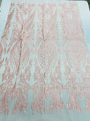 Lace Fabric - Pink - Fancy Damask Pattern Sequins Design Fashion Fabric