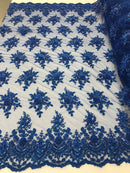 Royal Blue Hand Beaded Embroidered Floral Fabric Lace Bridal Wedding Designs By The Yard