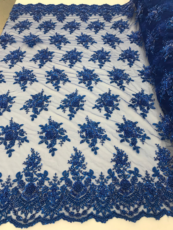 Royal Blue Hand Beaded Embroidered Floral Fabric Lace Bridal Wedding Designs By The Yard