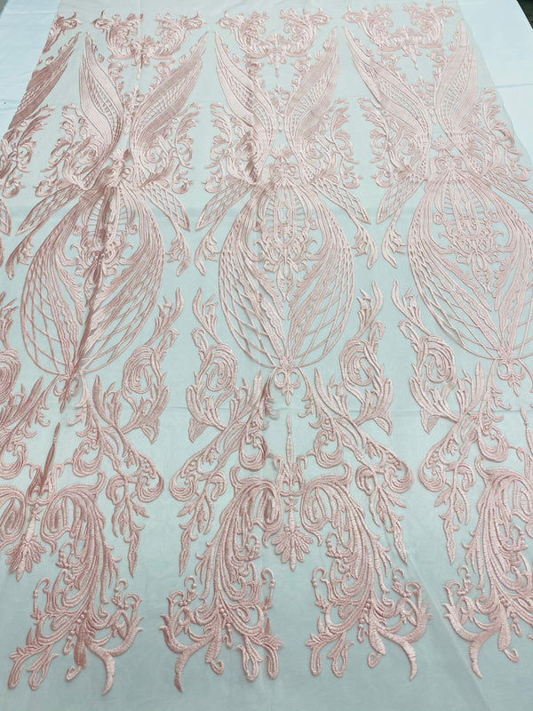 Lace Fabric - Pink - Fancy Damask Pattern Sequins Design Fashion Fabric