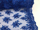 Royal Blue Hand Beaded Embroidered Floral Fabric Lace Bridal Wedding Designs By The Yard