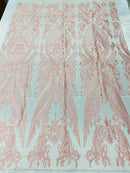 Lace Fabric - Pink - Fancy Damask Pattern Sequins Design Fashion Fabric