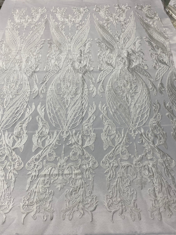 Lace Fabric - Ivory  - Fancy Damask Pattern Sequins Design Fashion Fabric