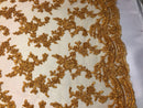 Beaded - Gold - Embroided Small Flower Fabric with Decorated Borders - Sold by The Yard