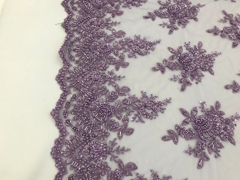 Lilac Hand Beaded Embroidered Floral Fabric Lace Bridal Wedding Designs By The Yard