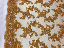 Beaded - Gold - Embroided Small Flower Fabric with Decorated Borders - Sold by The Yard