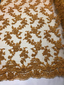 Beaded - Gold - Embroided Small Flower Fabric with Decorated Borders - Sold by The Yard