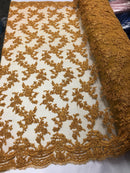Beaded - Gold - Embroided Small Flower Fabric with Decorated Borders - Sold by The Yard