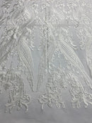 Lace Fabric - Ivory  - Fancy Damask Pattern Sequins Design Fashion Fabric