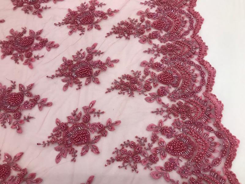 Gum Pink Beaded Embroidered Floral Fabric Lace Bridal Wedding Designs By The Yard