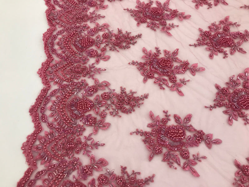Gum Pink Beaded Embroidered Floral Fabric Lace Bridal Wedding Designs By The Yard