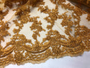 Beaded - Gold - Embroided Small Flower Fabric with Decorated Borders - Sold by The Yard