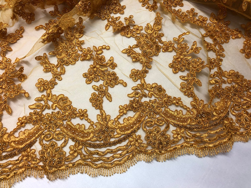 Beaded - Gold - Embroided Small Flower Fabric with Decorated Borders - Sold by The Yard