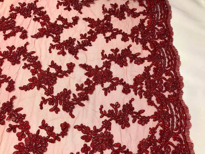 Beaded - Burgundy - Embroided Small Flower Fabric with Decorated Borders - Sold by The Yard