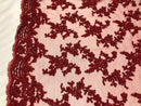 Beaded - Burgundy - Embroided Small Flower Fabric with Decorated Borders - Sold by The Yard