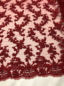 Beaded - Burgundy - Embroided Small Flower Fabric with Decorated Borders - Sold by The Yard