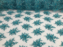 Turquoise Hand Beaded Embroidered Floral Fabric Lace Bridal Wedding Designs By The Yard