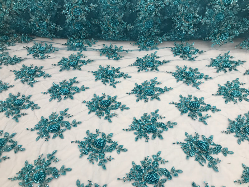 Turquoise Hand Beaded Embroidered Floral Fabric Lace Bridal Wedding Designs By The Yard