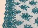 Turquoise Hand Beaded Embroidered Floral Fabric Lace Bridal Wedding Designs By The Yard