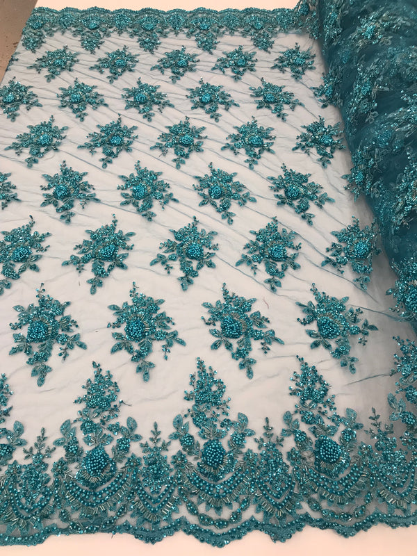 Turquoise Hand Beaded Embroidered Floral Fabric Lace Bridal Wedding Designs By The Yard