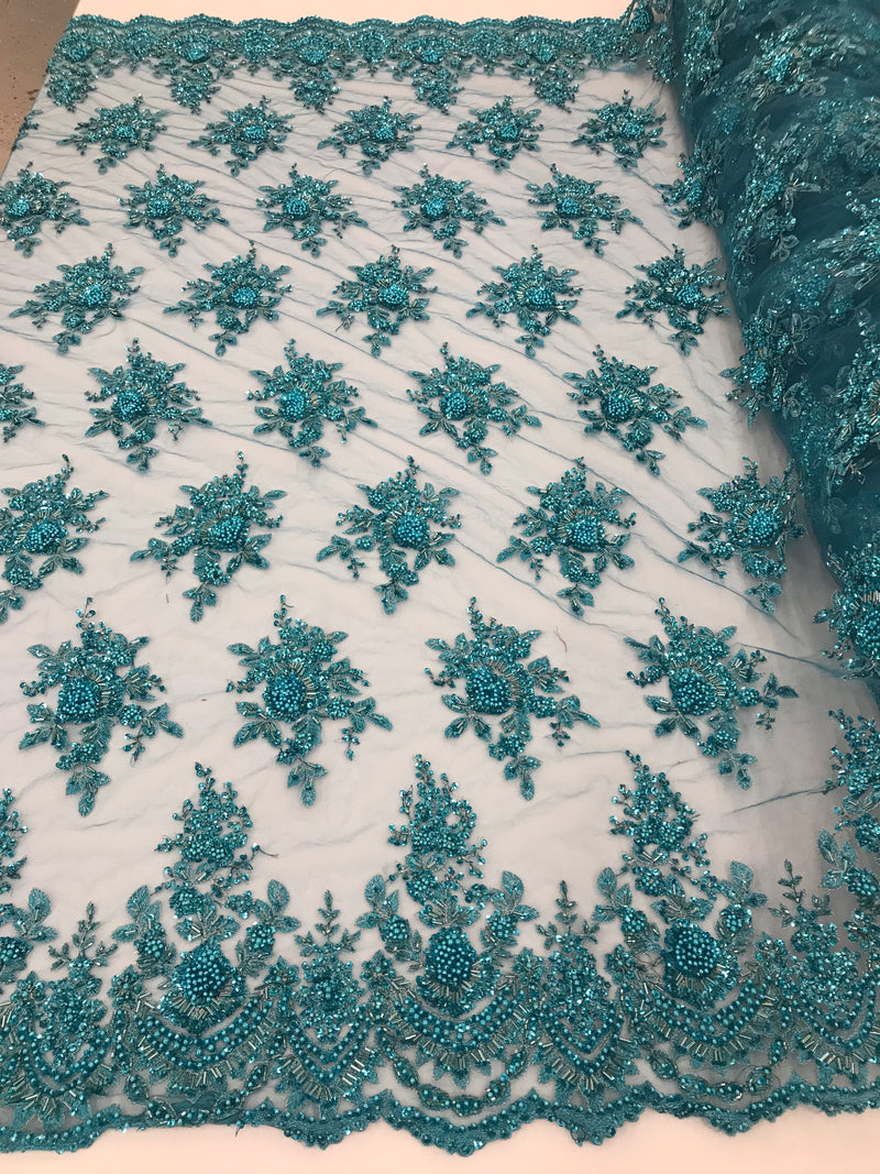 Turquoise Hand Beaded Embroidered Floral Fabric Lace Bridal Wedding Designs By The Yard