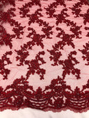 Beaded - Burgundy - Embroided Small Flower Fabric with Decorated Borders - Sold by The Yard