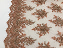 Peach Beaded Embroidered Floral Fabric Lace Bridal Wedding Designs By The Yard