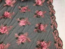 3D Embroided Flower Pattern Fabric with Two Tone Leaf Color Pink on Black Mesh Elegant Flowers 1YARD