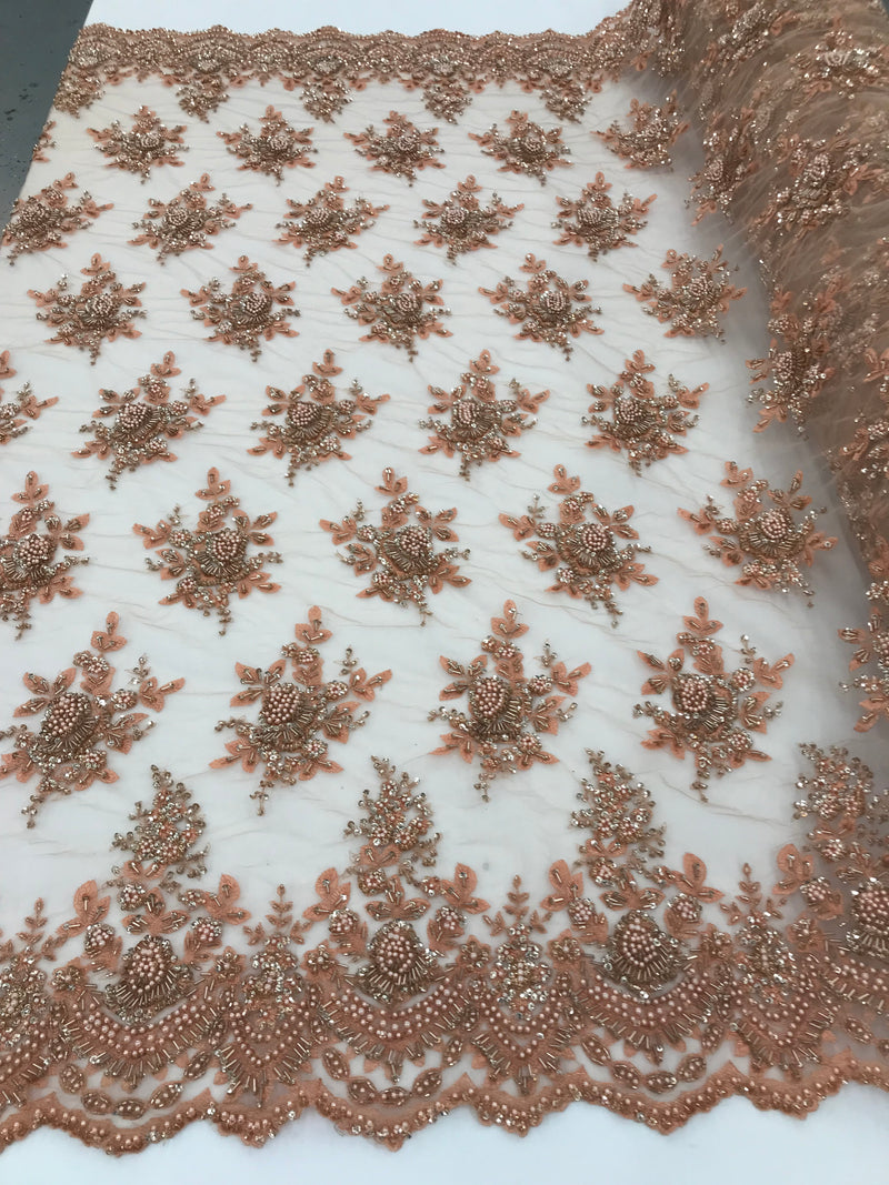 Peach Beaded Embroidered Floral Fabric Lace Bridal Wedding Designs By The Yard