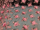 3D Embroided Flower Pattern Fabric with Two Tone Leaf Color Pink on Black Mesh Elegant Flowers 1YARD