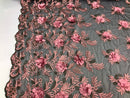 3D Embroided Flower Pattern Fabric with Two Tone Leaf Color Pink on Black Mesh Elegant Flowers 1YARD