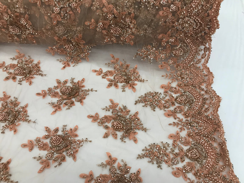 Peach Beaded Embroidered Floral Fabric Lace Bridal Wedding Designs By The Yard