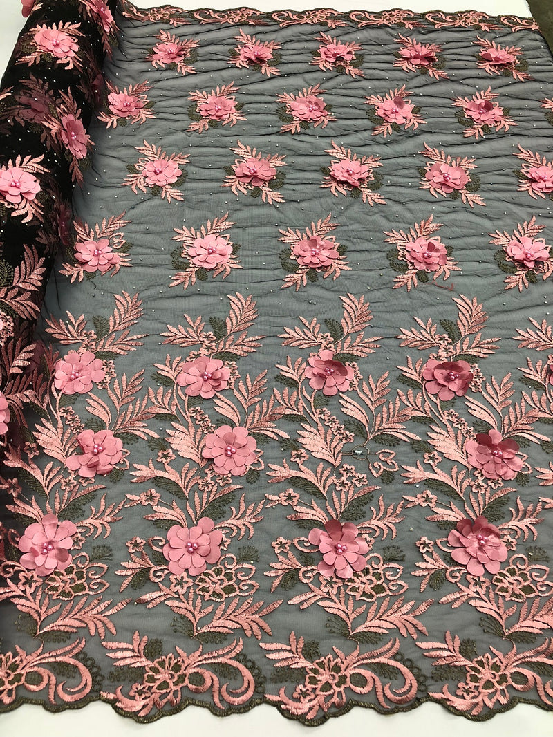 3D Embroided Flower Pattern Fabric with Two Tone Leaf Color Pink on Black Mesh Elegant Flowers 1YARD