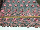 3D Embroided Flower Pattern Fabric with Two Tone Leaf Color Pink on Black Mesh Elegant Flowers 1YARD