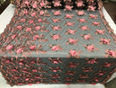 3D Embroided Flower Pattern Fabric with Two Tone Leaf Color Pink on Black Mesh Elegant Flowers 1YARD
