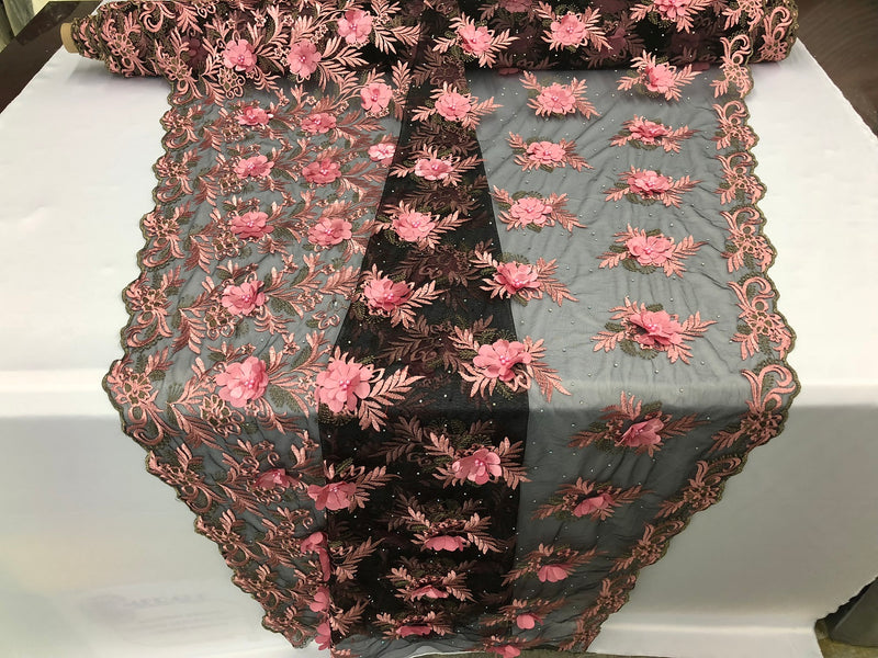 3D Embroided Flower Pattern Fabric with Two Tone Leaf Color Pink on Black Mesh Elegant Flowers 1YARD