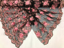 3D Embroided Flower Pattern Fabric with Two Tone Leaf Color Pink on Black Mesh Elegant Flowers 1YARD