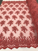 Coral Beaded Embroidered Floral Fabric Lace Bridal Wedding Designs By The Yard