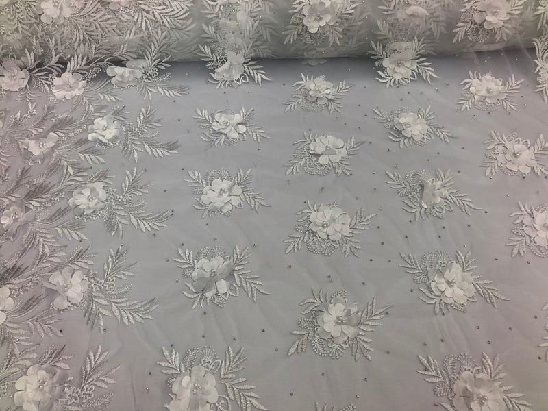 3D Embroided Flower Pattern Fabric with Two Tone Leaf Color White  - Elegant 3D Flowers By The Yard
