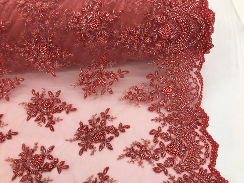 Coral Beaded Embroidered Floral Fabric Lace Bridal Wedding Designs By The Yard