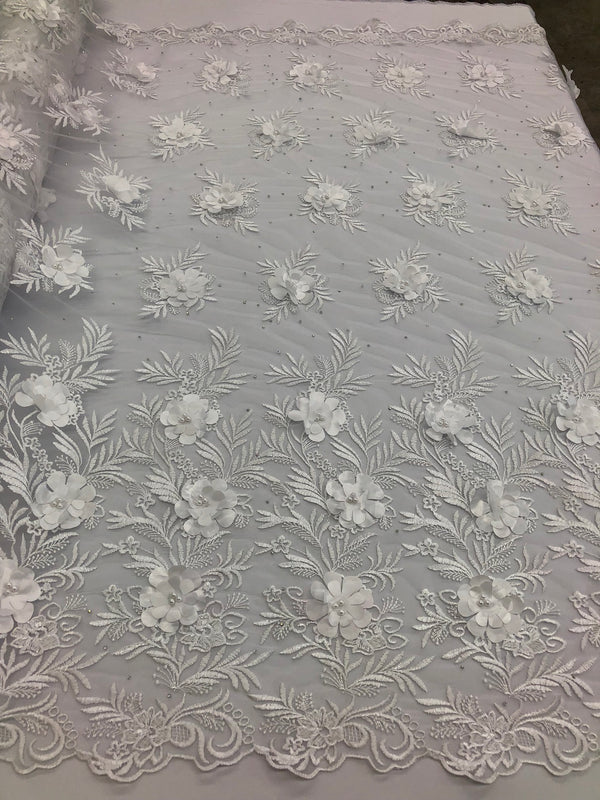 3D Embroided Flower Pattern Fabric with Two Tone Leaf Color White  - Elegant 3D Flowers By The Yard