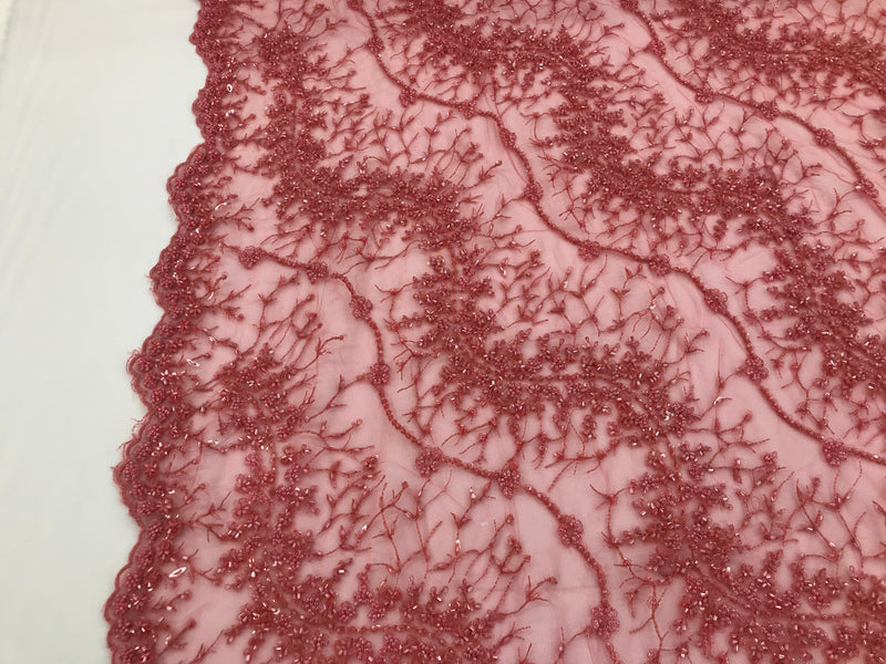 Coral Pink - Beaded Embroidery Wavy Flower Pattern Fabric Lace Elegant Dress Fabric By The Yard