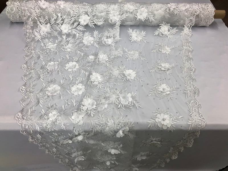 3D Embroided Flower Pattern Fabric with Two Tone Leaf Color White  - Elegant 3D Flowers By The Yard