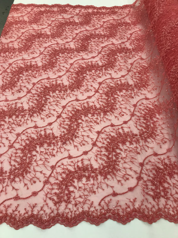 Coral Pink - Beaded Embroidery Wavy Flower Pattern Fabric Lace Elegant Dress Fabric By The Yard