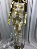 3D Embroided Flower Pattern Fabric with Two Tone Leaf Color White  - Elegant 3D Flowers By The Yard