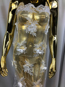 3D Embroided Flower Pattern Fabric with Two Tone Leaf Color White  - Elegant 3D Flowers By The Yard