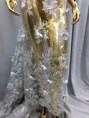 3D Embroided Flower Pattern Fabric with Two Tone Leaf Color White  - Elegant 3D Flowers By The Yard