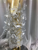 3D Embroided Flower Pattern Fabric with Two Tone Leaf Color White  - Elegant 3D Flowers By The Yard