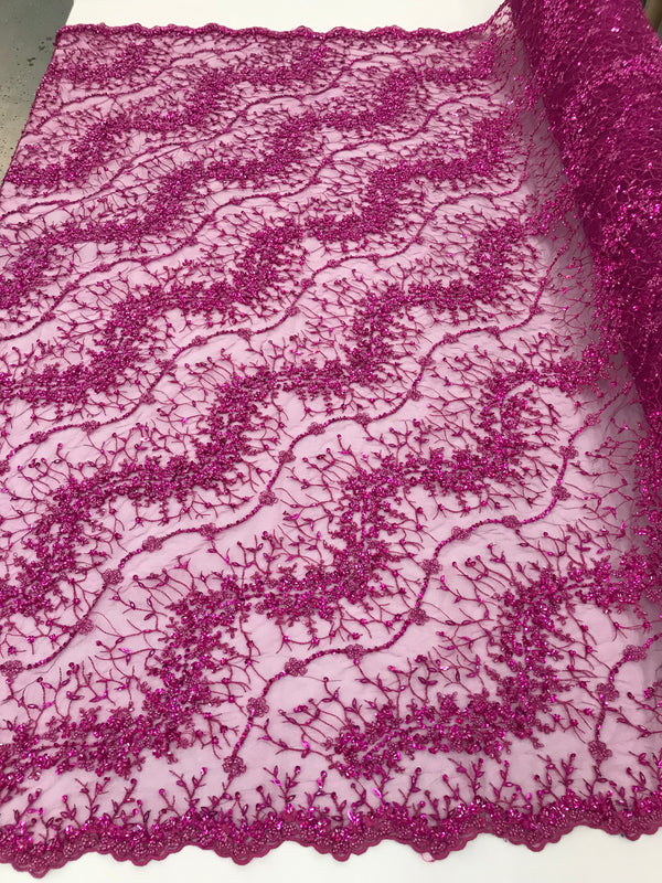 Magenta - Beaded Embroidery Wavy Flower Pattern Fabric Lace Elegant Dress Fabric By The Yard