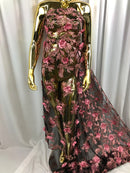 3D Embroided Flower Pattern Fabric with Two Tone Leaf Color Pink on Black Mesh Elegant Flowers 1YARD